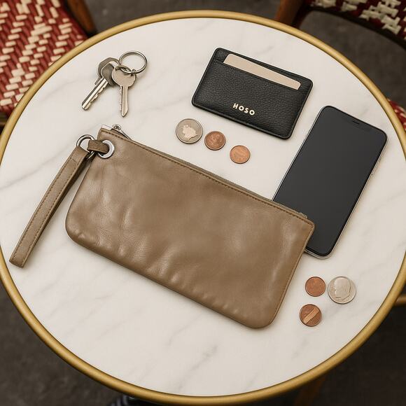 HOBO International Vida Wristlet Clutch Taupe Glazed Leather Silver Wallet Purse - Picture 3 of 15